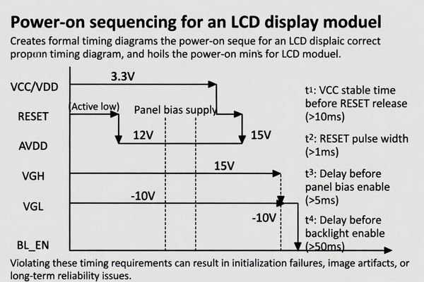 Diagram illustrating a timing sequence for power rails and a reset signal on an LCD module