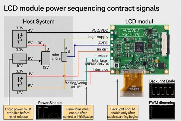 Schematic showing the different power rails and control signals connected to an LCD module