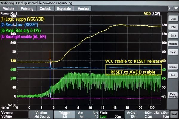 Oscilloscope screenshot showing the correct power-on sequence for an LCD display module
