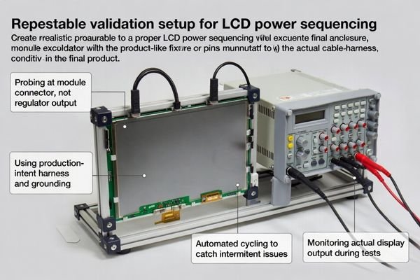Photo of a test fixture with an oscilloscope probing the connector of an LCD module in its final enclosure