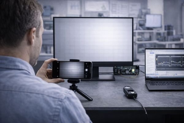 An engineer validating an LCD module for camera banding with a smartphone
