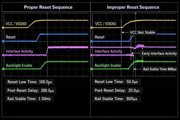 Oscilloscope capture showing proper vs improper LCD reset timing sequence during wake