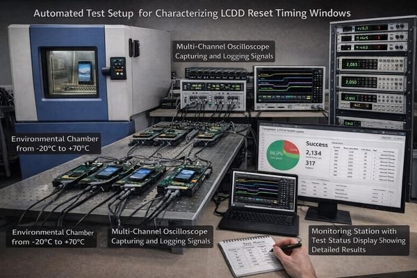 Test setup for LCD module reset window characterization showing environmental chamber and automated cycling equipment
