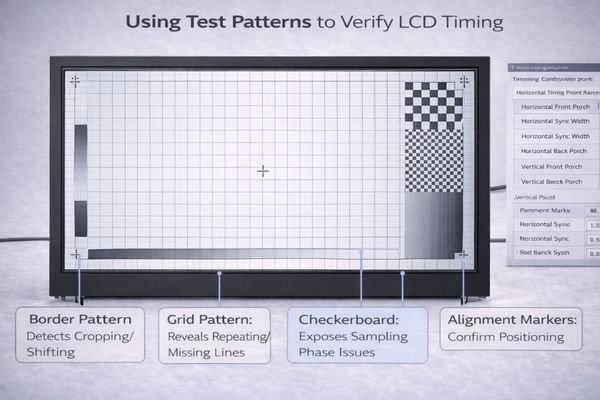 A screen showing a test pattern designed to reveal boundary and alignment errors