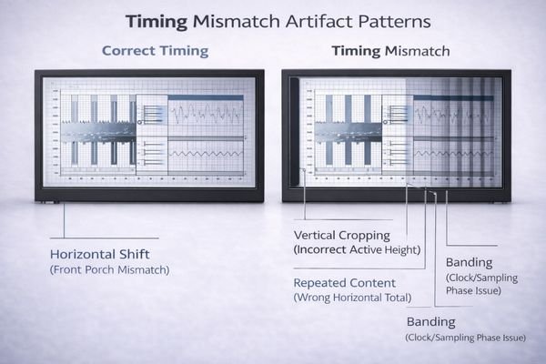 An illustration comparing a correct image to one with timing-related shifting and cropping artifacts