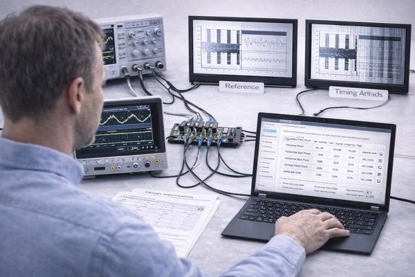 An engineer using an oscilloscope to probe signals at the LCD module connector