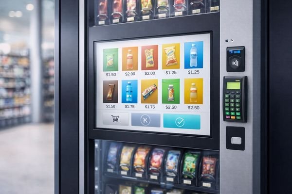 An LCD display module integrated into a modern vending machine