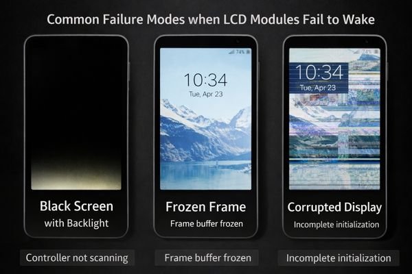 Different LCD failure modes after wake: black screen, frozen frame, and corrupted display
