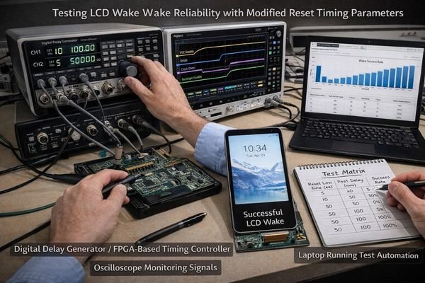 Engineer using test equipment to modify reset timing while monitoring LCD wake success