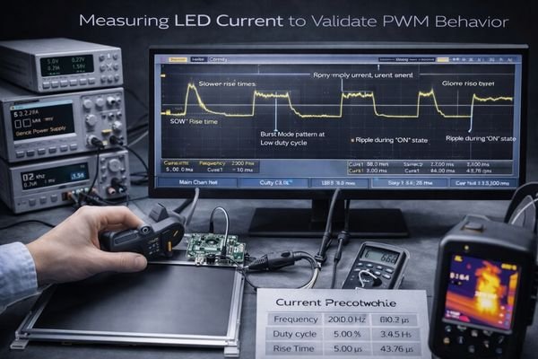 An engineer probing the LED current on a backlight driver board with an oscilloscope