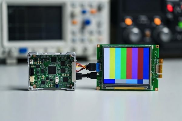 Industrial SBC connected to an LCD display module via shielded LVDS cable showing a clean test pattern on the screen