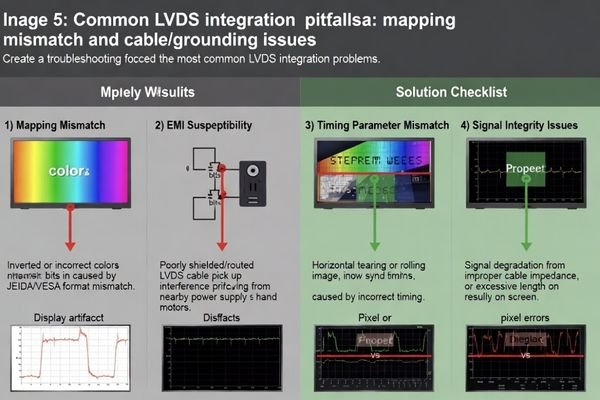 Image showing common LVDS issues: incorrect colors on a screen and a poorly routed, unshielded cable