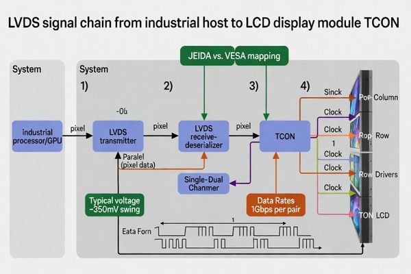Diagram showing data flow from a host processor through an LVDS transmitter, cable, and receiver to an LCD TCON
