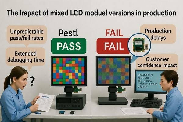 Photo showing two identical-looking products side-by-side, one failing and one passing a test, due to mixed module versions