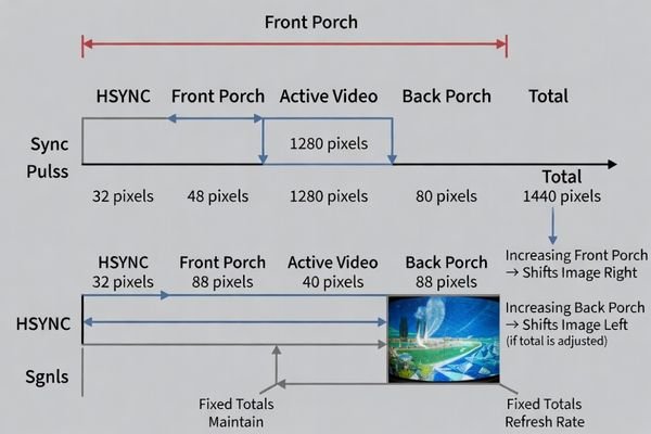 A diagram illustrating how front porch, back porch, and active video add up to the total line time