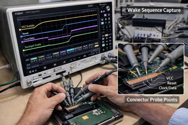Engineer using oscilloscope to measure reset signal timing at LCD module connector
