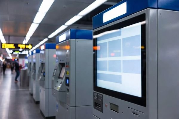Bright metro station ticketing area with self-service ticket vending machine featuring a large, highly readable touchscreen display.