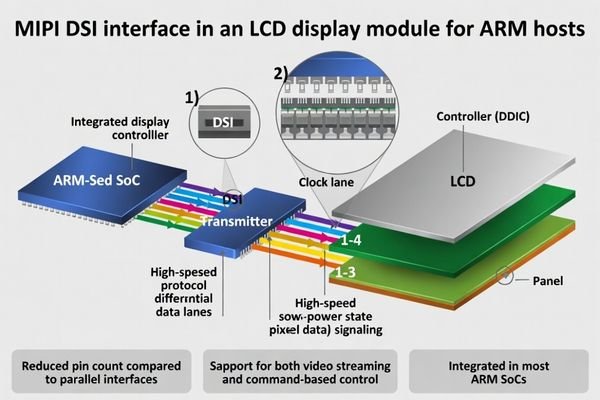 Diagram illustrating the MIPI DSI interface connecting an ARM-based SoC to an LCD display module