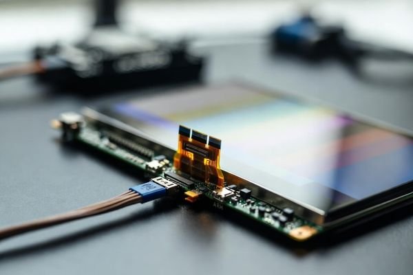 ARM host board connected to a 12–15 inch LCD display module via MIPI DSI FPC ribbon cable on a clean workstation