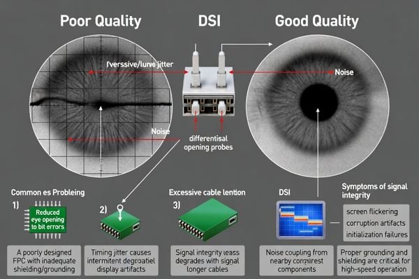 Oscilloscope showing a poor quality DSI signal (eye diagram) next to a clean one