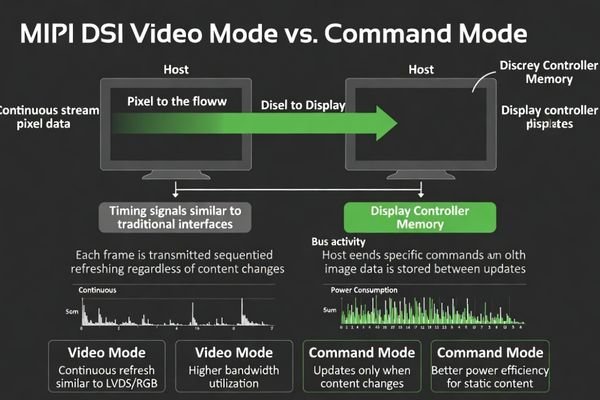 Diagram comparing DSI Video Mode (continuous stream) and Command Mode (on-demand updates)
