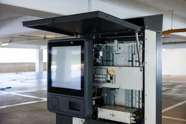 Parking payment terminal with a large touchscreen display and an open service door showing internal mounting and cable integration.