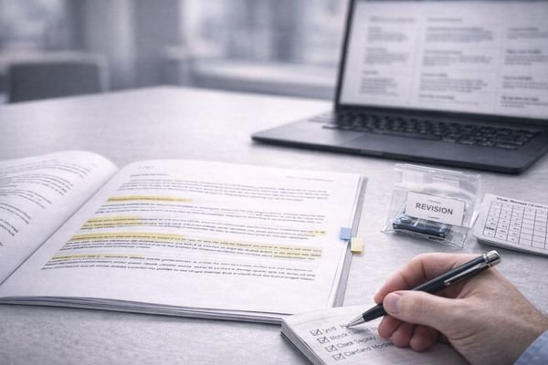Open contract on a modern desk with highlighted clause blocks, a calendar card suggesting lead time, and a labeled component bag symbolizing PCN change control for LCD display modules.