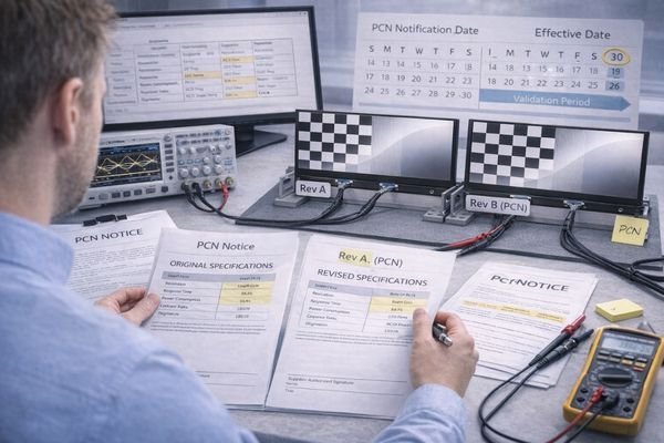 An engineer comparing old and new specifications for an LCD display module after a PCN