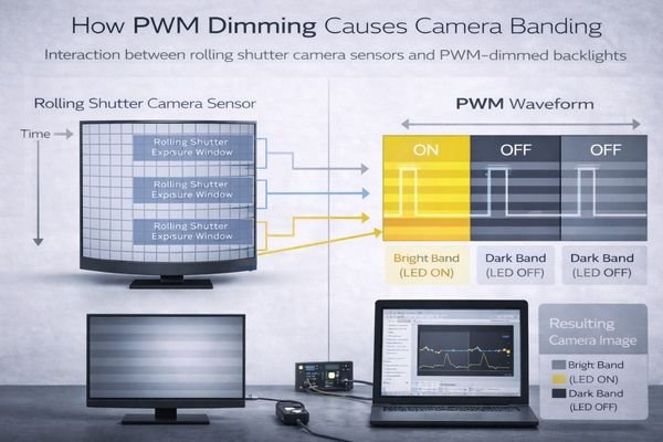 An illustration showing the interaction between a rolling shutter camera and a PWM-dimmed backlight