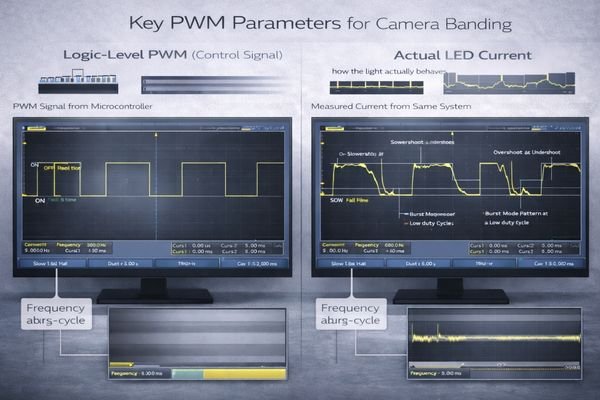 An oscilloscope trace showing a clean logic PWM signal versus a complex LED current waveform