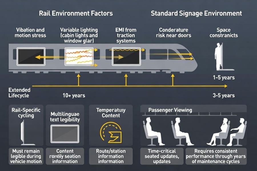 Rail carriage display environment analysis identifying unique operational requirements and design constraints