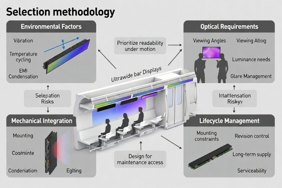 Bar module selection methodology for rail carriage information displays addressing transportation-specific requirements and environmental challenges