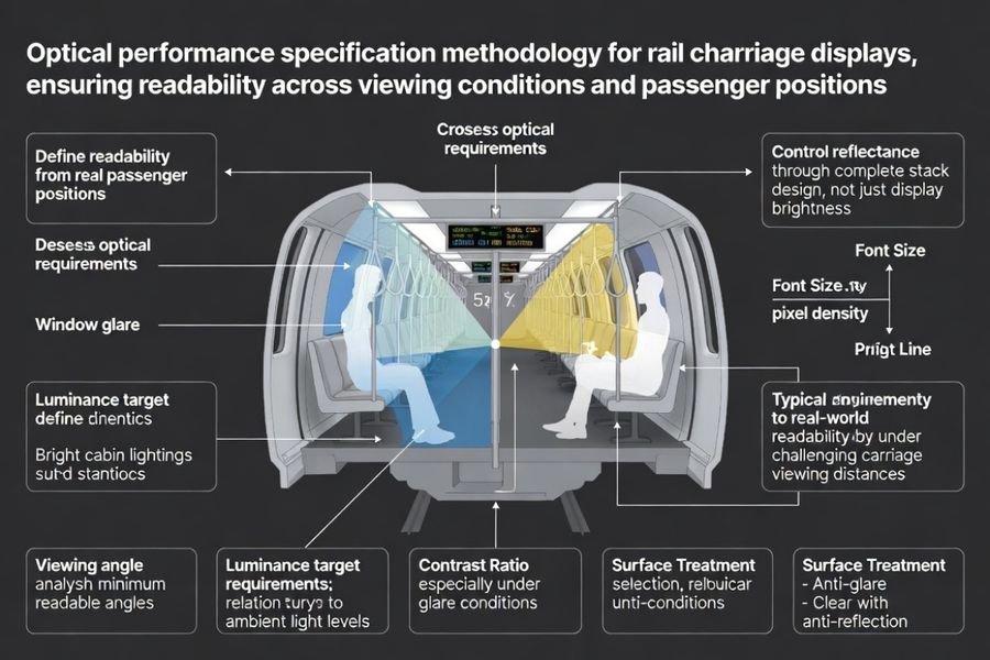Optical performance specification methodology for rail carriage displays ensuring readability across viewing conditions and passenger positions