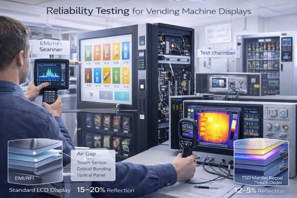 An engineer conducting EMI and ESD testing on a vending machine in a lab