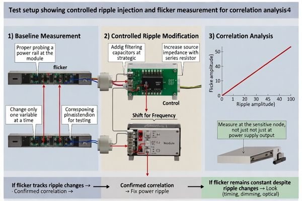 Test setup showing controlled ripple injection and flicker measurement for correlation analysis