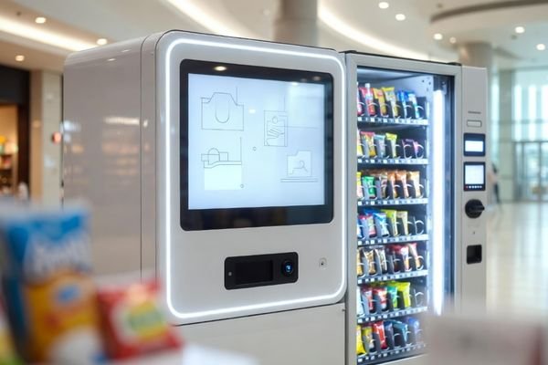 Bright vending machine with a large touchscreen display, fully stocked products, designed for smart terminal and self-service use.