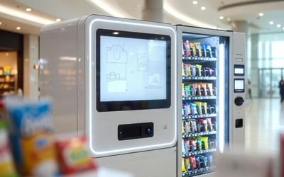 Bright vending machine with a large touchscreen display, fully stocked products, designed for smart terminal and self-service use.