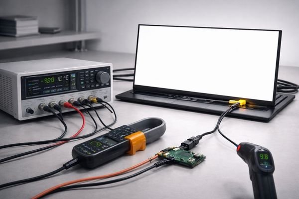 LCD display module on a clean test fixture with a power analyzer and current probe measuring backlight input and LED string current, plus a thermal sensor checking edge temperature.