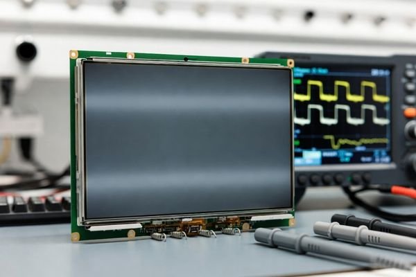 Ultra-realistic 12–15 inch LCD display module on an ESD-safe bench with an oscilloscope showing power-on sequencing waveforms and reset timing.