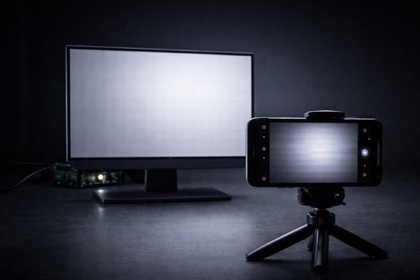 Smartphone on a tripod filming an LCD display module; the phone preview shows horizontal camera banding while the actual screen appears smooth, illustrating PWM backlight flicker interaction.