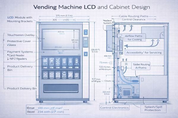 A CAD drawing showing the integration of an LCD module and payment systems in a vending machine