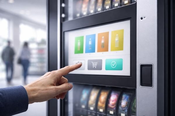 Vending machine LCD display module in a bright public indoor space, showing a clean touch UI with controlled reflections for strong readability.