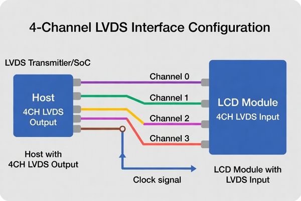 A diagram illustrating a 4-channel LVDS connection from a host to an LCD module