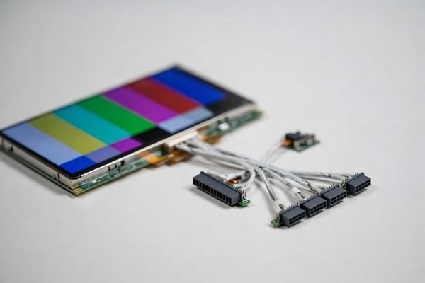 LCD display module connected to a host board via a four-branch LVDS harness with matched-length channels, illustrating 4CH LVDS parallel data transport.