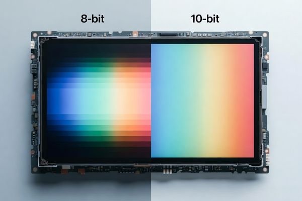 8-bit vs 10-bit color depth comparison on an industrial LCD module showing visible banding and smooth gradient transitions