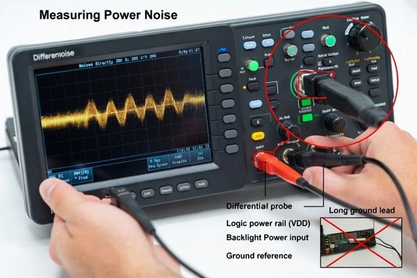An engineer using an oscilloscope with a differential probe to measure noise at a display connector