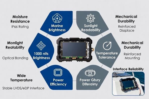 Marine LCD display concept showing readability, ruggedness, and integration requirements
