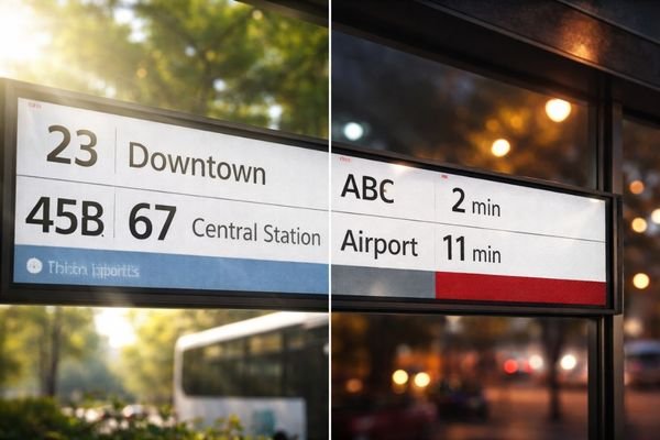 A bar LCD display at a bus stop demonstrating good readability in bright daylight with some glare