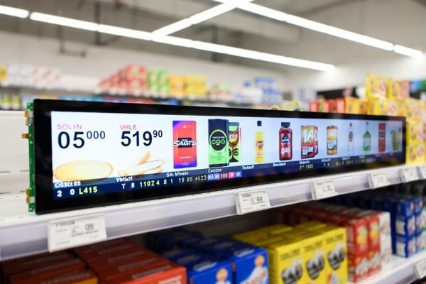 Long bar-type LCD module installed on a supermarket shelf displaying product information and pricing