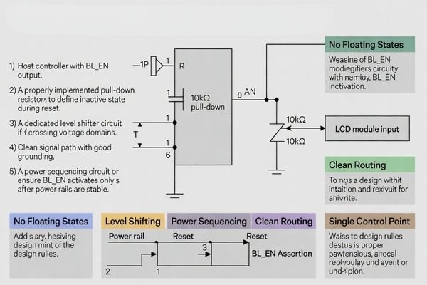 A system-level diagram showing BL_EN pull state, level shifting, and controlled sequencing